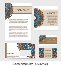 Set of business cards. Vintage pattern in retro style with mandala. Hand drawn Islam, Arabic, Indian, lace pattern