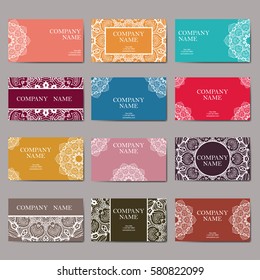 Set of business cards. Vintage pattern in retro style with mandala. Hand drawn Islam, Arabic, Indian, lace pattern