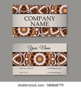 Set of business cards. Vintage pattern in retro style with mandala. Hand drawn Islam, Arabic, Indian, lace pattern