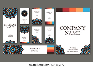 Set of business cards. Vintage pattern in retro style with mandala. Hand drawn Islam, Arabic, Indian, lace pattern