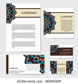 Set of business cards. Vintage pattern in retro style with mandala. Hand drawn Islam, Arabic, Indian, lace pattern