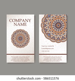 Set of business cards. Vintage pattern in retro style with mandala. Hand drawn Islam, Arabic, Indian, lace pattern
