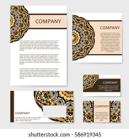 Set of business cards. Vintage pattern in retro style with mandala. Hand drawn Islam, Arabic, Indian, lace pattern