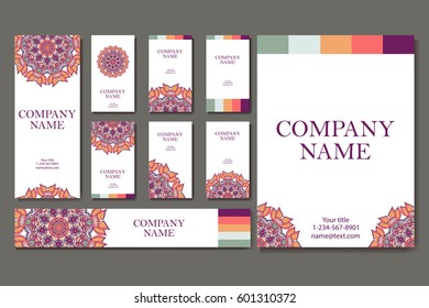 Set of business cards. Vintage pattern in retro style with mandala. Hand drawn Islam, Arabic, Indian, lace pattern