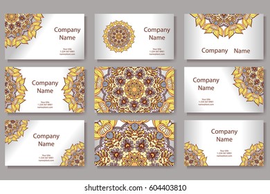 Set of business cards. Vintage pattern in retro style with mandala. Hand drawn Islam, Arabic, Indian, lace pattern