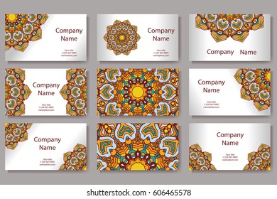 Set of business cards. Vintage pattern in retro style with mandala. Hand drawn Islam, Arabic, Indian, lace pattern