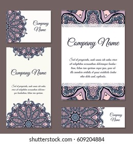 Set of business cards. Vintage pattern in retro style with mandala. Hand drawn Islam, Arabic, Indian, lace pattern