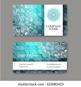 Set of business cards. Vintage pattern in retro style with mandala. Hand drawn Islam, Arabic, Indian, lace pattern