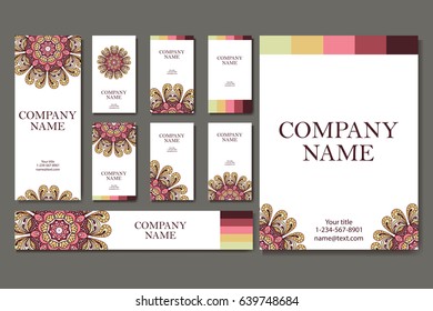 Set of business cards. Vintage pattern in retro style with mandala. Hand drawn Islam, Arabic, Indian, lace pattern