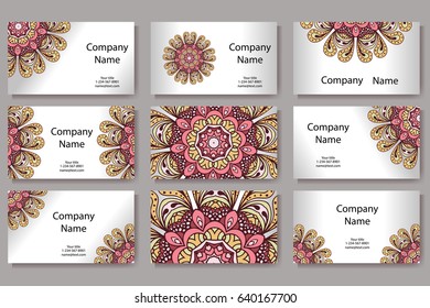 Set of business cards. Vintage pattern in retro style with mandala. Hand drawn Islam, Arabic, Indian, lace pattern