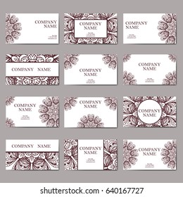 Set of business cards. Vintage pattern in retro style with mandala. Hand drawn Islam, Arabic, Indian, lace pattern