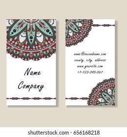 Set of business cards. Vintage pattern in retro style with mandala. Hand drawn Islam, Arabic, Indian, lace pattern.