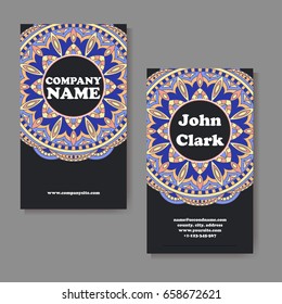 Set of business cards. Vintage pattern in retro style with mandala. Hand drawn Islam, Arabic, Indian, lace pattern.