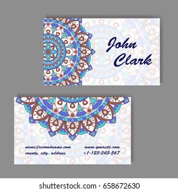 Set of business cards. Vintage pattern in retro style with mandala. Hand drawn Islam, Arabic, Indian, lace pattern.