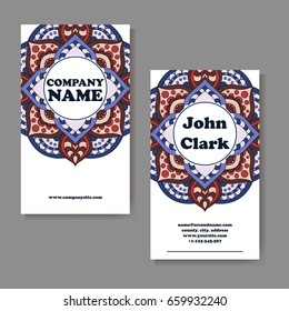 Set of business cards. Vintage pattern in retro style with mandala. Hand drawn Islam, Arabic, Indian, lace pattern