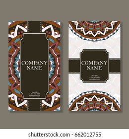 Set of business cards. Vintage pattern in retro style with mandala. Hand drawn Islam, Arabic, Indian, lace pattern.
