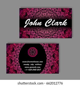 Set of business cards. Vintage pattern in retro style with mandala. Hand drawn Islam, Arabic, Indian, lace pattern