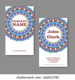 Set of business cards. Vintage pattern in retro style with mandala. Hand drawn Islam, Arabic, Indian, lace pattern.