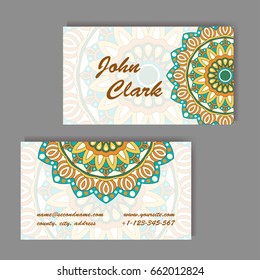 Set of business cards. Vintage pattern in retro style with mandala. Hand drawn Islam, Arabic, Indian, lace pattern.