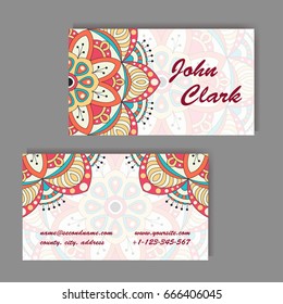 Set of business cards. Vintage pattern in retro style with mandala. Hand drawn Islam, Arabic, Indian, lace pattern