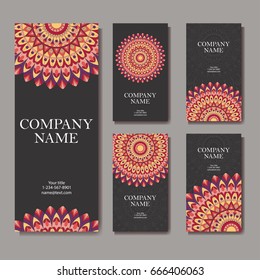 Set of business cards. Vintage pattern in retro style with mandala. Hand drawn Islam, Arabic, Indian, lace pattern