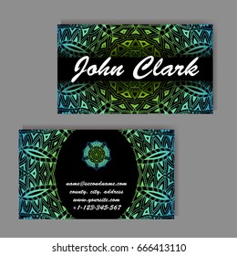 Set of business cards. Vintage pattern in retro style with mandala. Hand drawn Islam, Arabic, Indian, lace pattern