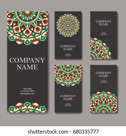 Set of business cards. Vintage pattern in retro style with mandala. Hand drawn Islam, Arabic, Indian, lace pattern