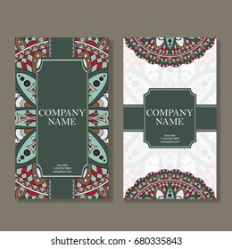 Set of business cards. Vintage pattern in retro style with mandala. Hand drawn Islam, Arabic, Indian, lace pattern