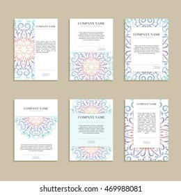Set of business cards. Vintage template color circular pattern. Vector illustration for corporate identity, individual cards, form style.