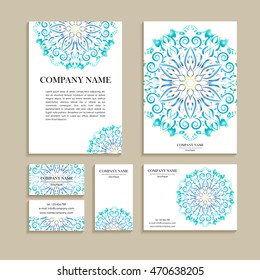 Set of business cards. Vintage template color circular pattern. Vector illustration for corporate identity, individual cards, form style.