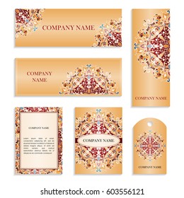 Set of business cards.Template of cover with color handmade pattern. Colored vector illustration for corporate identity, individual cards, form style.Leaflets for advertising and company descriptions.