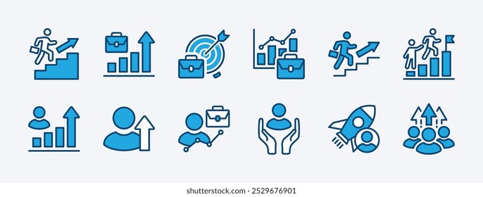 Set of business career icon. Containing growth, climbing, promoted, grow arrow, rank, success, progress, advancement, improve, achievement, startup, employment, work, development. Vector illustration