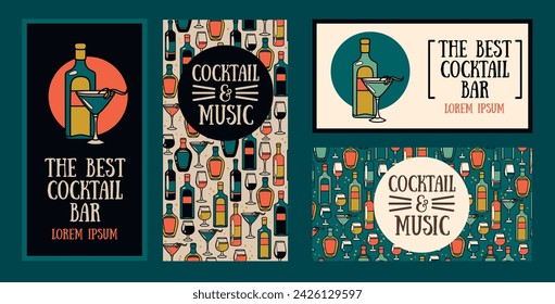 Set of business carsd for cocktail bar in old fashioned style, vector illustration