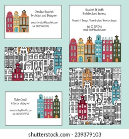 Set of business carts with colorful multistage buildings in old European style. Suitable for architects, designers and other. Vector illustration.