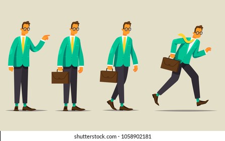 Set of business character. The office worker shows, stands, goes and runs. Vector illustration in a flat style