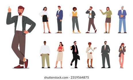 Set of Business Characters. Ambitious Men and Women Navigating The Corporate World, Seeking Success Through Networking, Negotiations, Leadership, Innovation. Cartoon People Vector Illustration