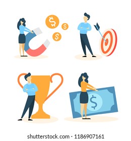 Set of business characters. Collection of busy office workers in different situations. Woman attract money with magnet, man with trophy cup and target goal. Isolated flat vector illustration