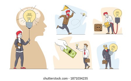 Set of Business Characters and Creative Idea Concept. Business People with Huge Illuminated Light Bulb or Lamp in Hands. Searching Insights for Project Development. Linear People Vector Illustration