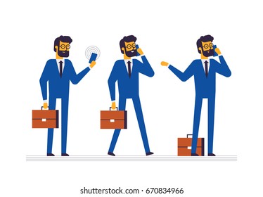 Set of business characters in different poses with phone. Businessman with a beard and glasses looks at the phone during an incoming call, talking on the phone. Vector illustration.