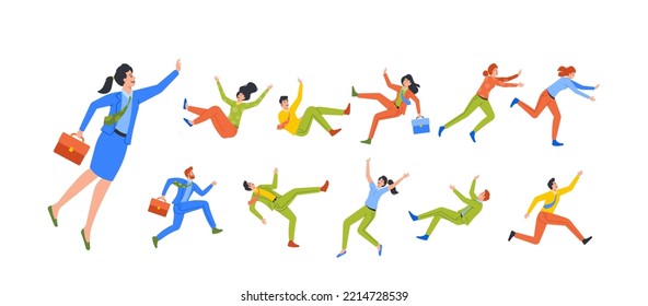 Set of Business Characters Fall Isolated On White Background. Men and Women Stumble on Wet Floor, Clerks or Employees in Formal Wear Falling or Floating in Air. Cartoon People Vector Illustration