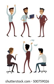Set of business characters in flat style design. Successful people vector collection. Businessman at work. Getting result, good managing, success celebration, making calls, finding idea concepts.