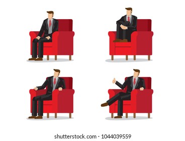 Set of business characters in four sitting positions in red armchair. Vector illustration design.