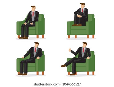 Set of business characters in four sitting positions in green armchair. Vector illustration design.