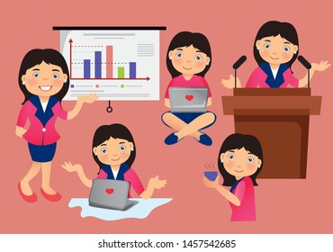 Set of business characters isolated on white background. Businesswoman in the workplace. Manager is busy different things, goes, stands, works on the pc, speaks on the phone. Vector illustration.