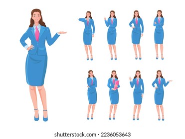 Conjunto de caracteres comerciales aislados en fondo blanco. Empresario en el lugar de trabajo. El gerente está en diferentes posiciones. Ilustración vectorial.