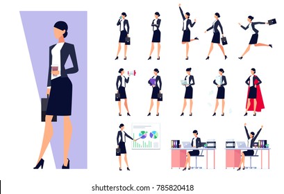 Set of business characters isolated on white background. Businessman in the workplace. Manager is busy different things, goes, stands, works on the pc, speaks on the phone. Vector illustration.