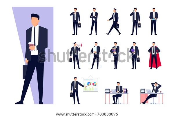 白い背景にビジネスキャラクターのセット 職場の実業家 店長はいろいろ忙しく 行く 立つ パソコンで働く 電話で話す ベクターイラスト のベクター画像素材 ロイヤリティフリー