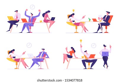 Set of Business Characters Men and Women Conducting Negotiation for Employment with Company Leader. Successful Managers Team Work Together, Corporate Communication. Cartoon Flat Vector Illustration