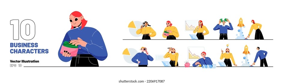 Set of business characters. Men and women count money, startup launch, push start button and rocket fly up. Manager analysing company statistics, idea light bulb, Line art flat vector illustration