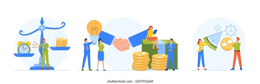 Set Business Characters Men and Women Working Process. Businessman Stand at Huge Scales with Money and Clock on Pans, Holding Light Bulb, Shaking Hands. Confident People Cartoon Vector Illustration